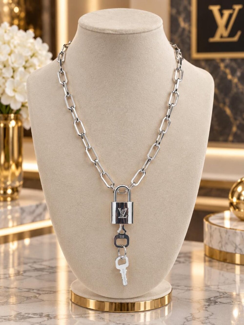 Stainless Steel Silver-Plated Necklace with Authentic Louis Vuitton Padlock